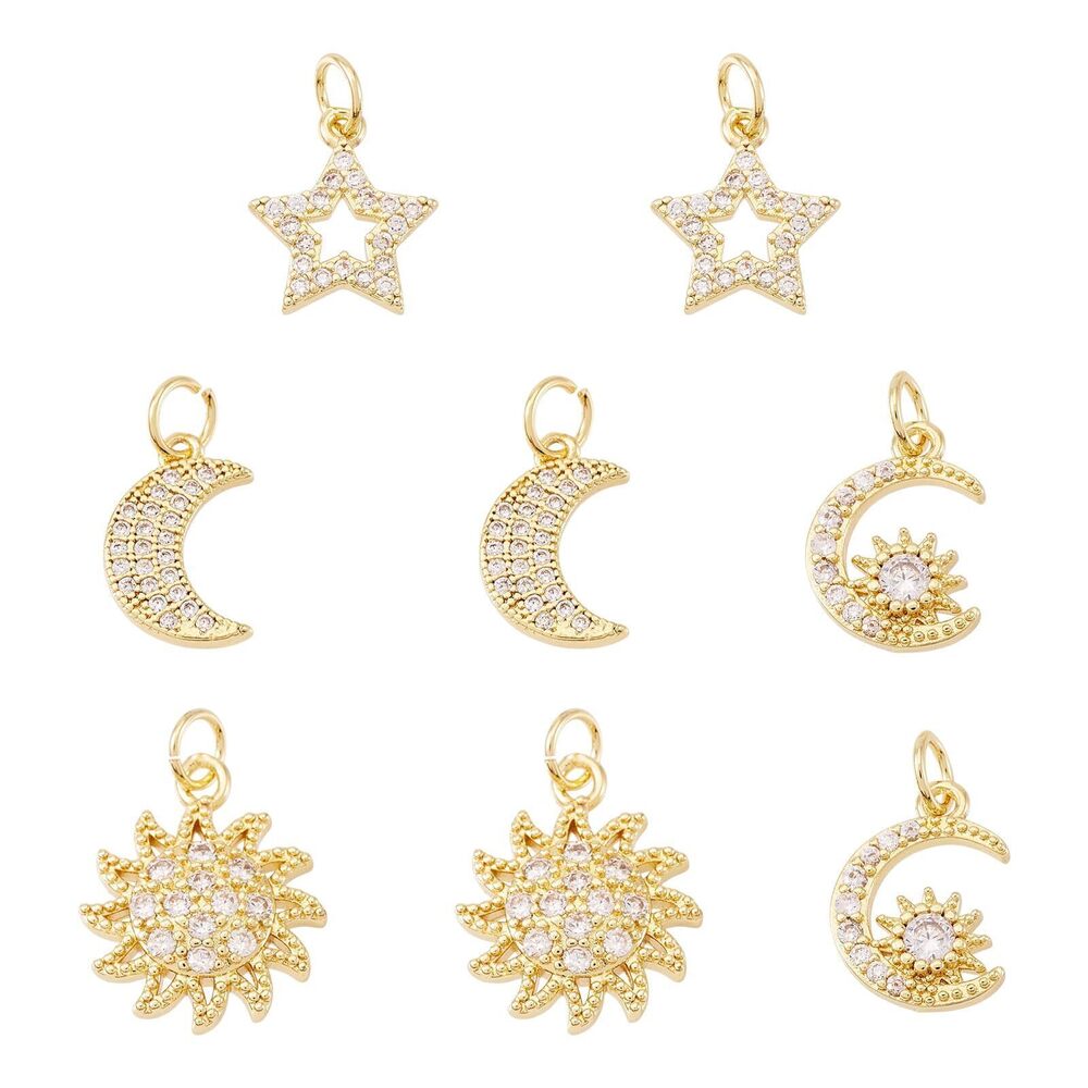 7011 Beadthoven 8pcs 4 Styles Micro Pave Cubic Zirconia Celestial Charms